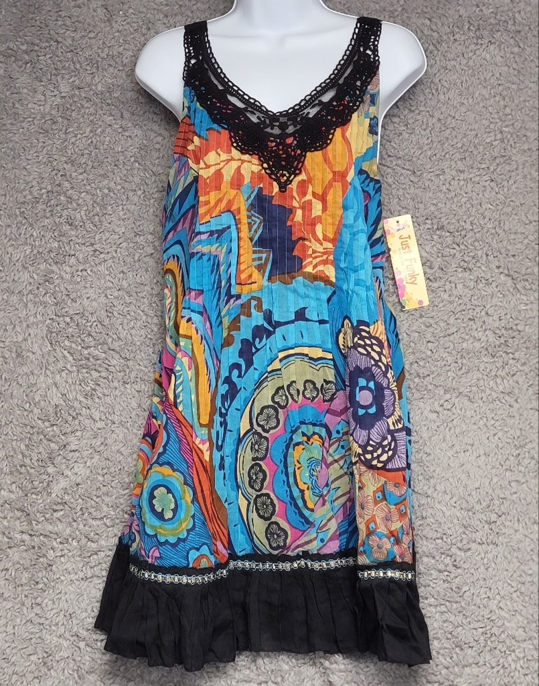 Just Funky Womens Small Bohemian Summer Dress. Blue, black & Gold tone